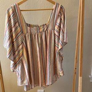 Como Vintage Multicolor Striped, Square Neck,  Boho Blouse